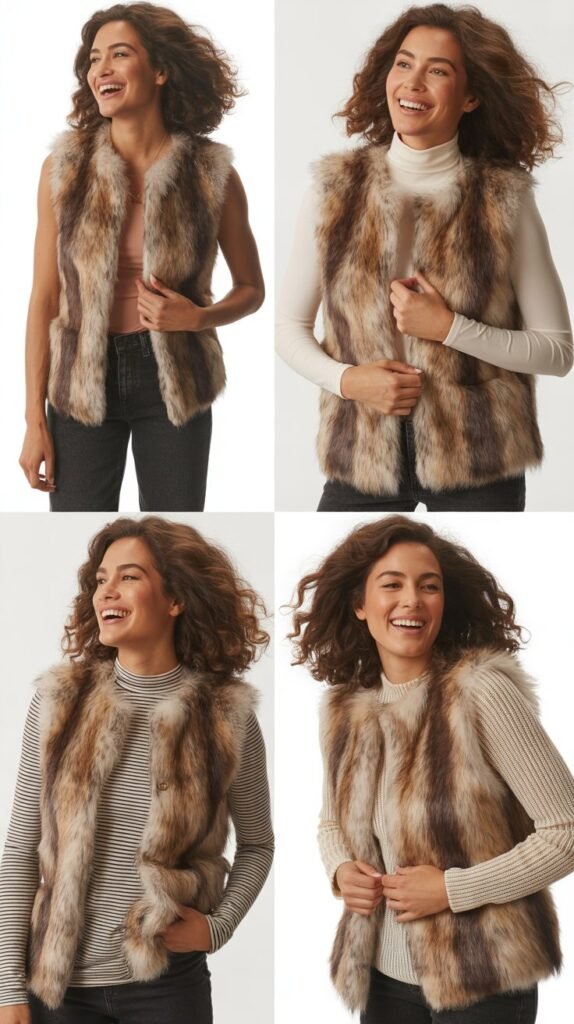 Faux Fur Vest Over Long-Sleeve Top