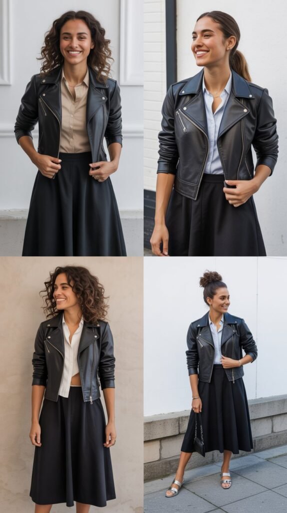  Leather Jacket with Midi Skirt