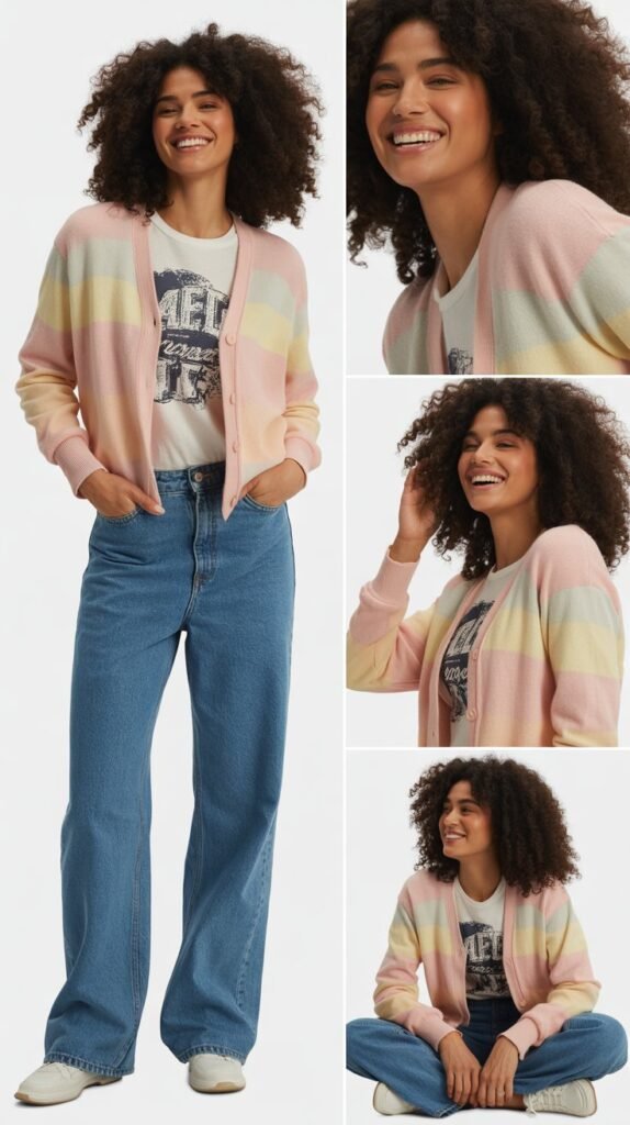 Pastel Cardigan with Graphic Tee and Jeans