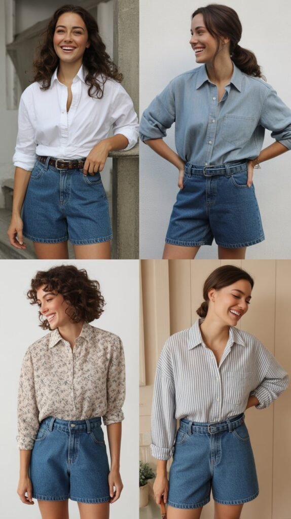 High-Waisted Western Shorts with Tucked-In Blouse