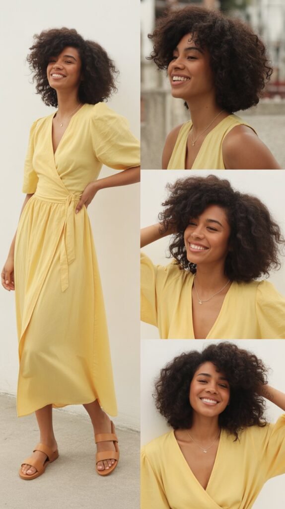  Yellow Wrap Dress with Tan Leather Sandals