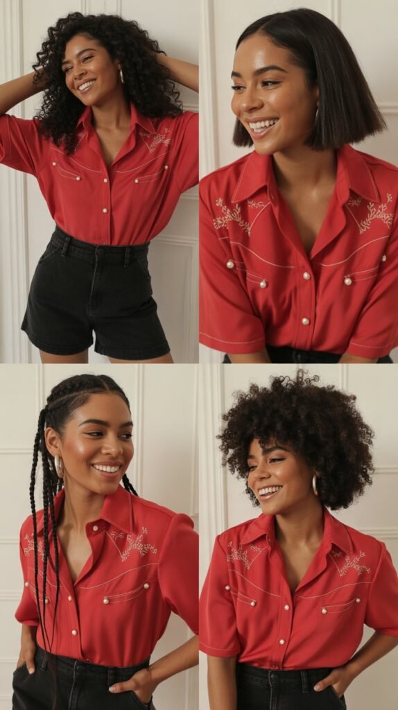  High-Rise Black Shorts with Red Western Shirt