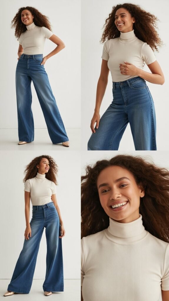 Wide-Leg Jeans with Fitted Turtleneck