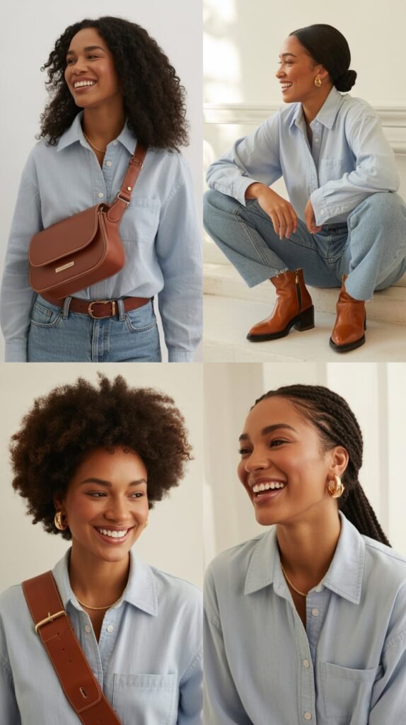 Light Gray Jeans with Chambray Shirt and Cognac Accessories