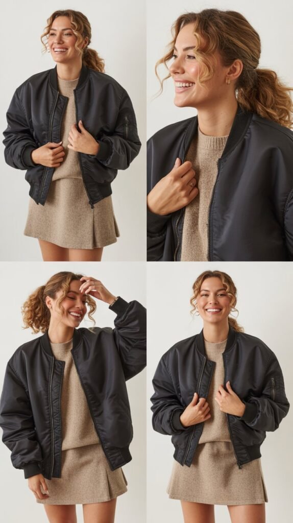 Bomber Jacket with Sweater and Mini Skirt