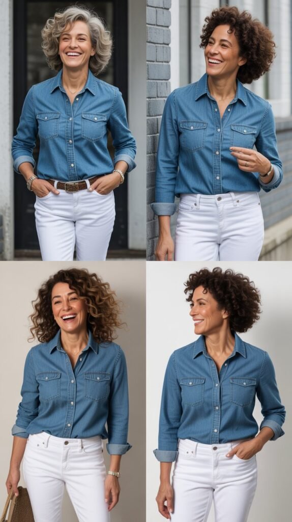  Chambray Shirt with White Jeans