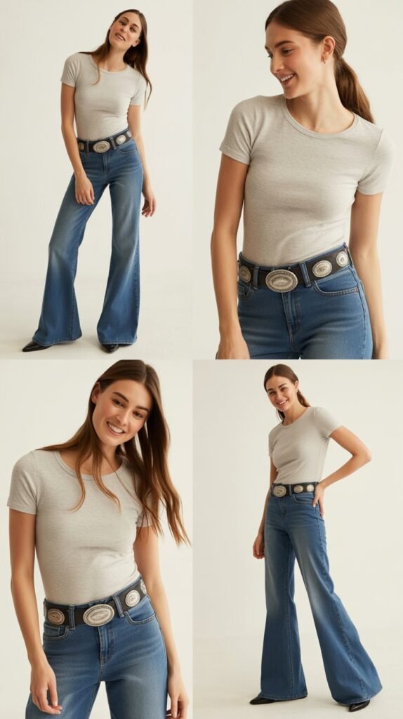 Flared Jeans With Concho Belt And Simple Tee