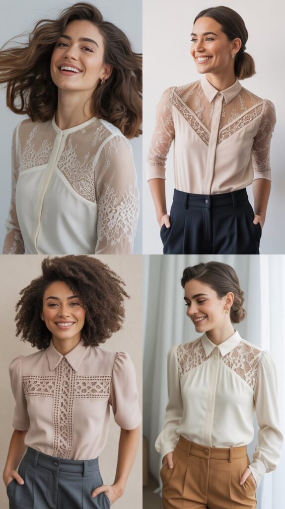 Lace-Detail Blouse with Tailored Trousers