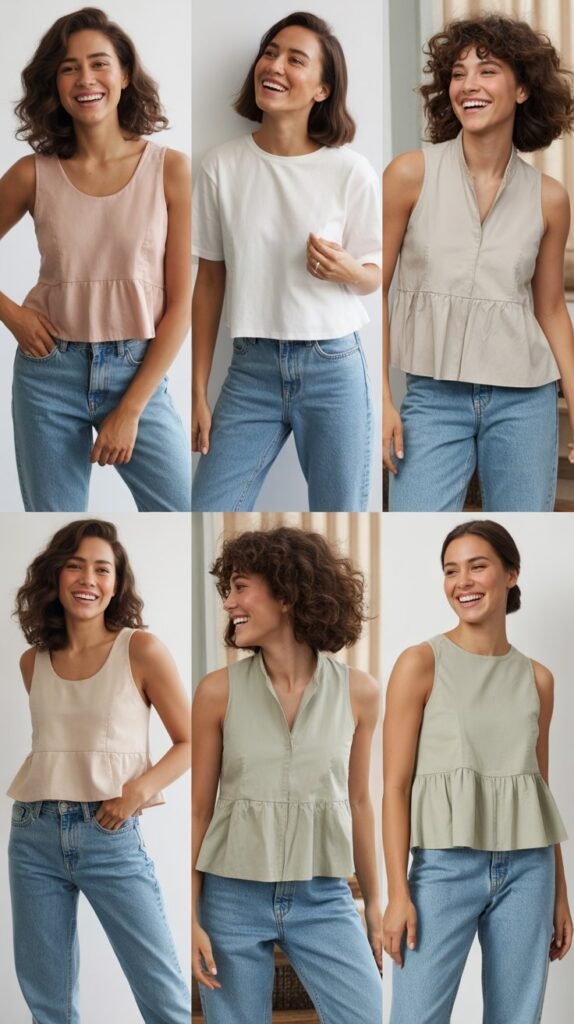 Mid-Wash Boyfriend Jeans with Feminine Peplum Top