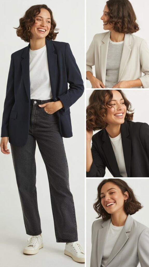 Casual Blazer with T-Shirt and Straight-Leg Jeans