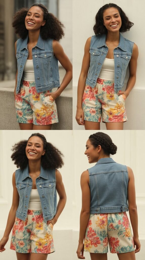 Floral Print Shorts with Denim Vest