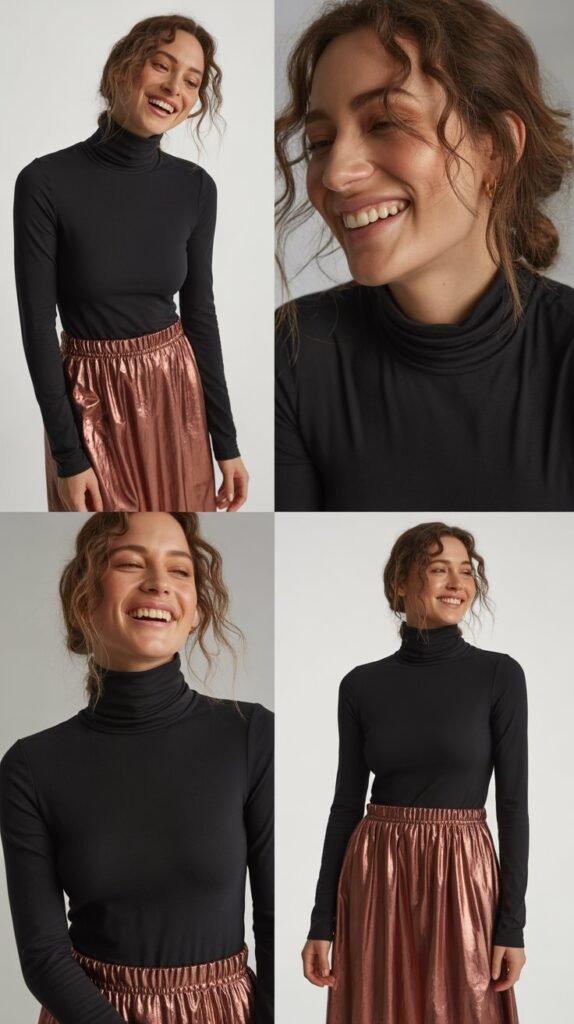 Black Turtleneck with Copper Metallic Skirt