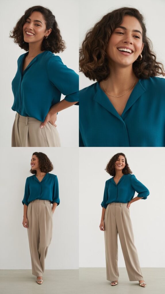 Teal Blouse with Beige Trousers