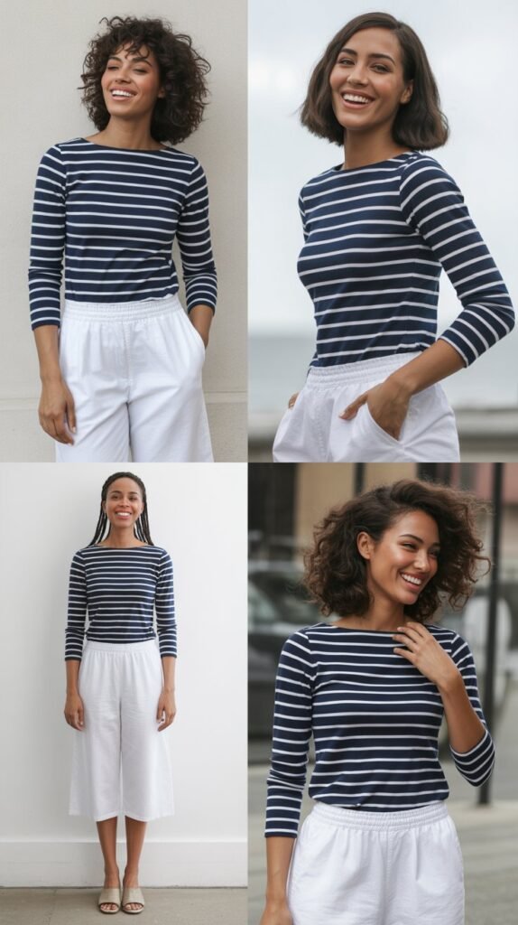 Breton Stripe Top with White Capri Pants