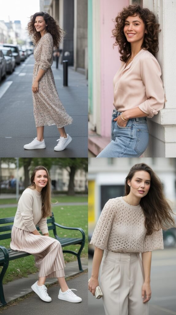  White Sneakers with Feminine Pieces