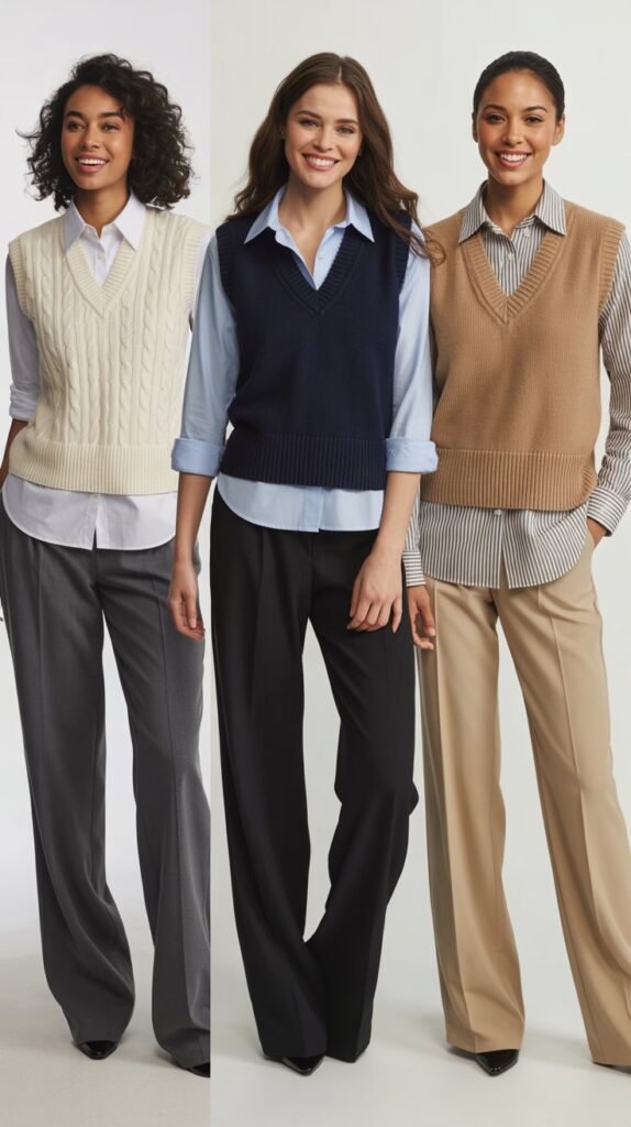 Sweater Vest over Collared Shirt with Trousers