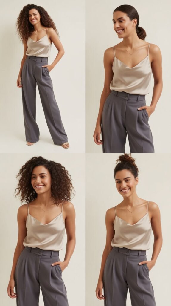High-Waisted Trousers with Silk Camisole