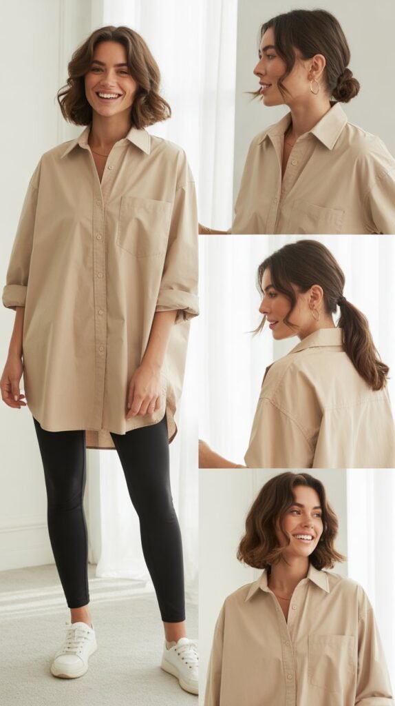 Oversized Button-Down Shirt with Leggings