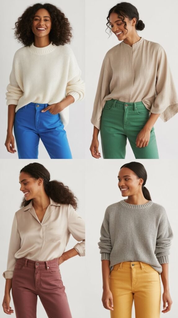 Colored Denim with Neutral Tops
