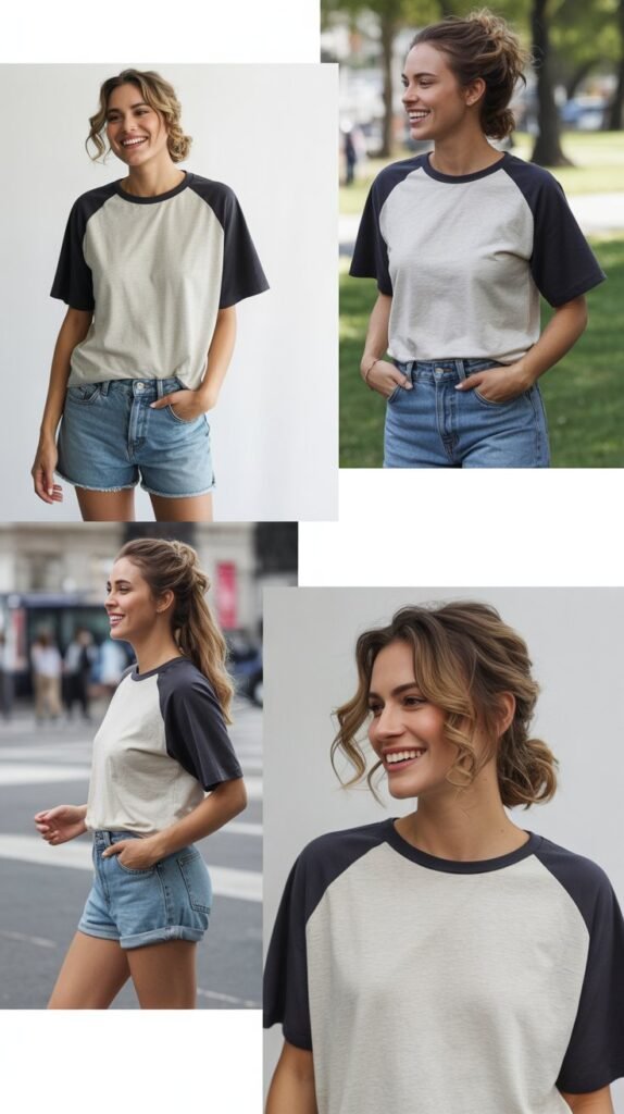 Baseball-Inspired Raglan Tee and Denim Shorts