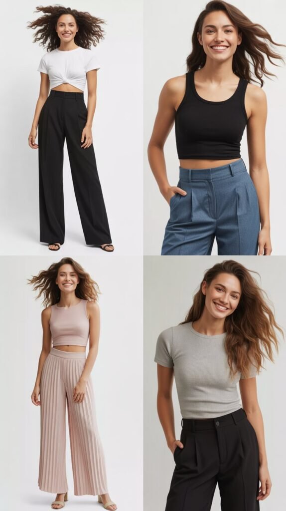  High-Waisted Pants with Tucked Crop Top or Fitted Tee