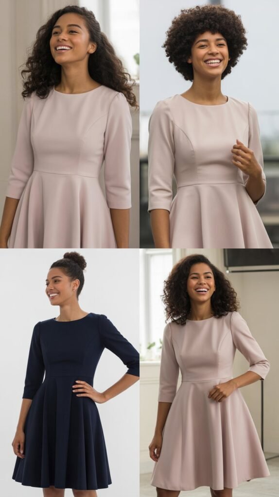 Fit and Flare Dress with Three-Quarter Sleeves