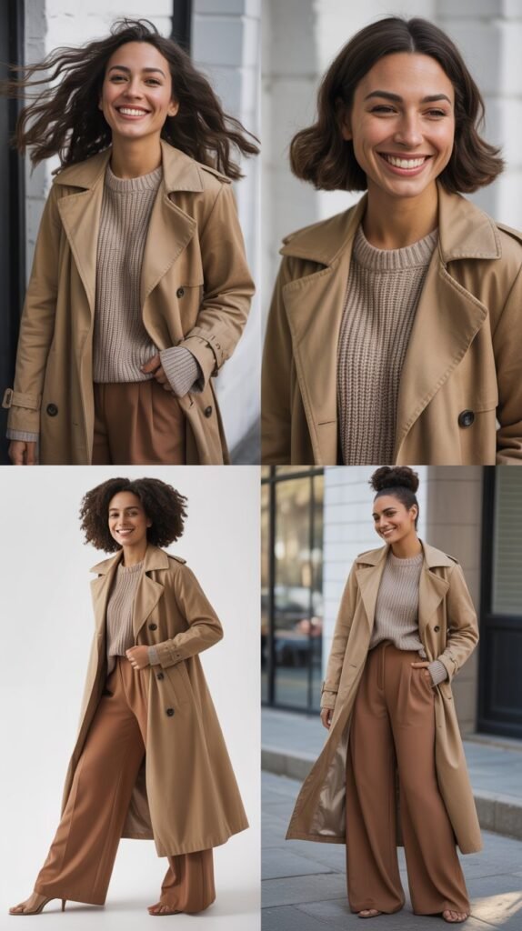 Trench Coat with Sweater and Wide-Leg Pants