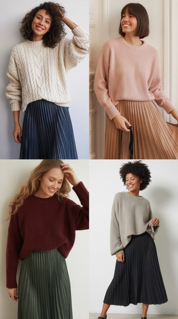  Pleated Midi Skirt with Sweater