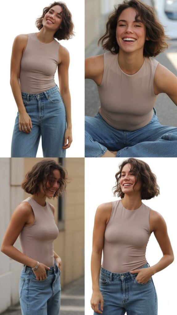 Boyfriend Jeans with Form-Fitting Tank Top