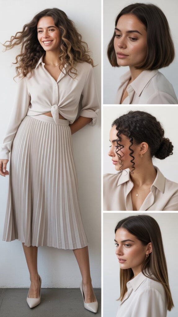 Pleated Midi Skirt with Tucked Blouse