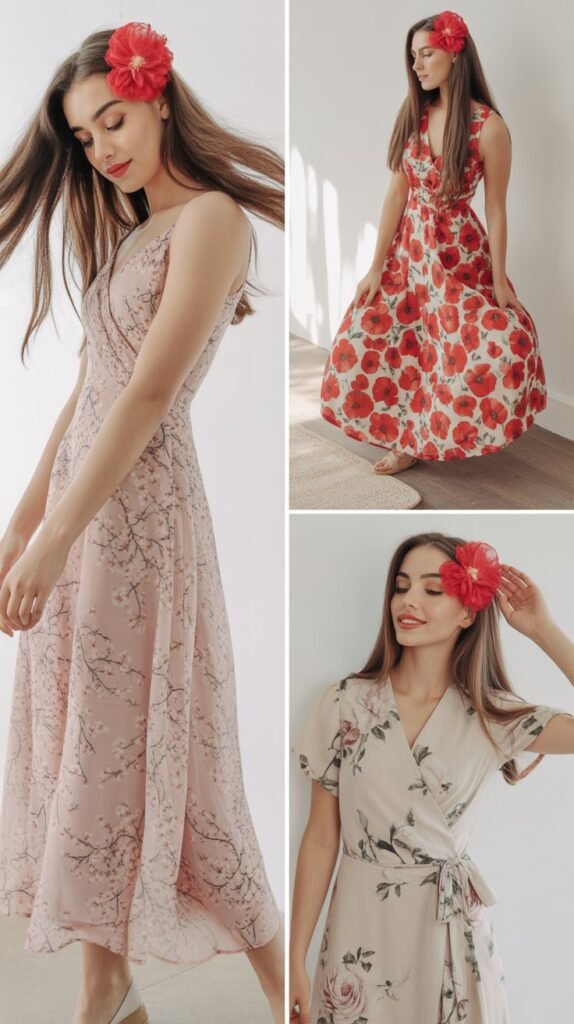 Red Flower Hair Pin with Floral Dress