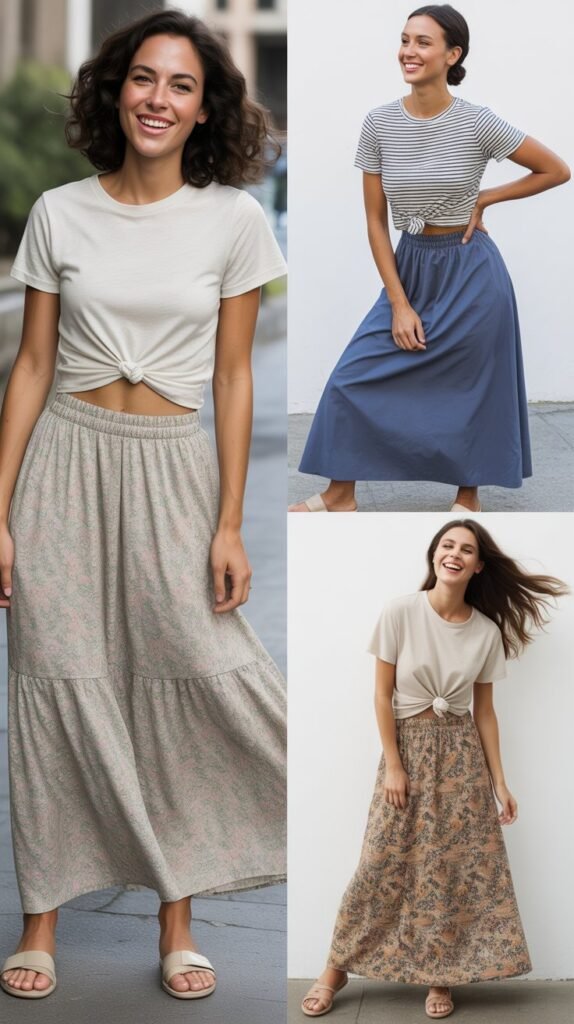 Maxi Skirt with Knotted T-Shirt
