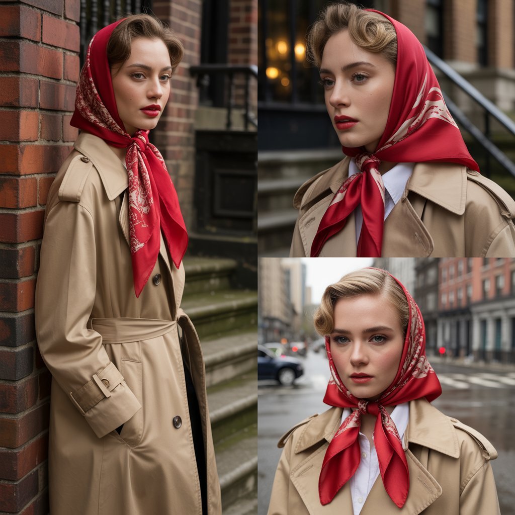 Red Hair Scarf with Trench Coat