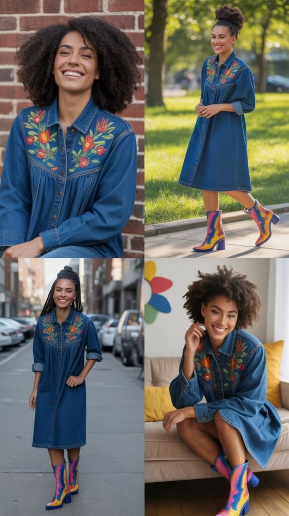 Embroidered Denim Dress with Colorful Boots