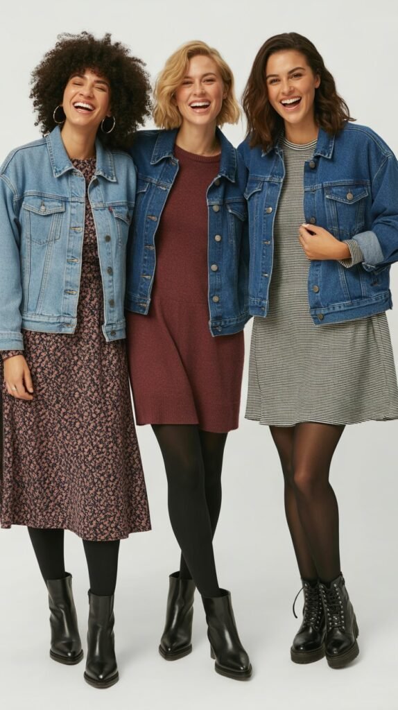  Denim Jacket over Dress with Tights and Boots