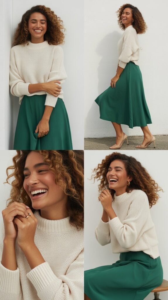 Emerald Green Midi Skirt with Cream Sweater