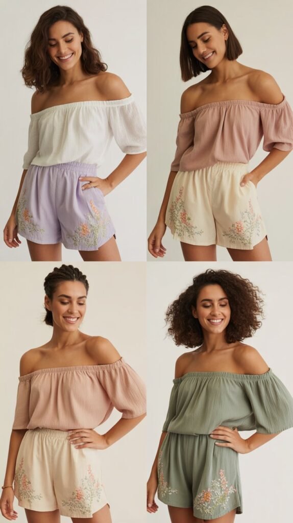 Embroidered Shorts with Off-Shoulder Top