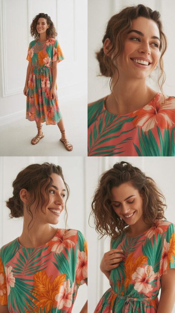 Tropical Print Midi Dress with Strappy Sandals