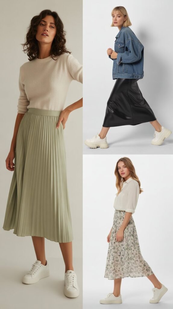 Midi Skirt and Sneakers Combination