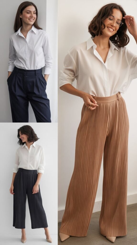  Pleated Trousers and Crisp White Shirt