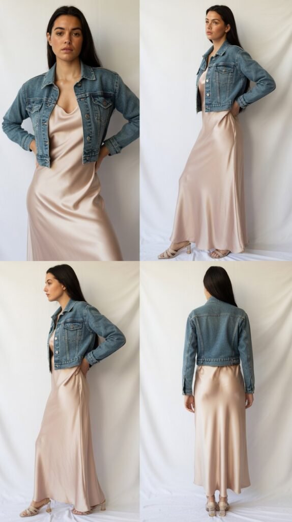 Silk Slip Dress with Denim Jacket full Focus 4 collage image full body showing