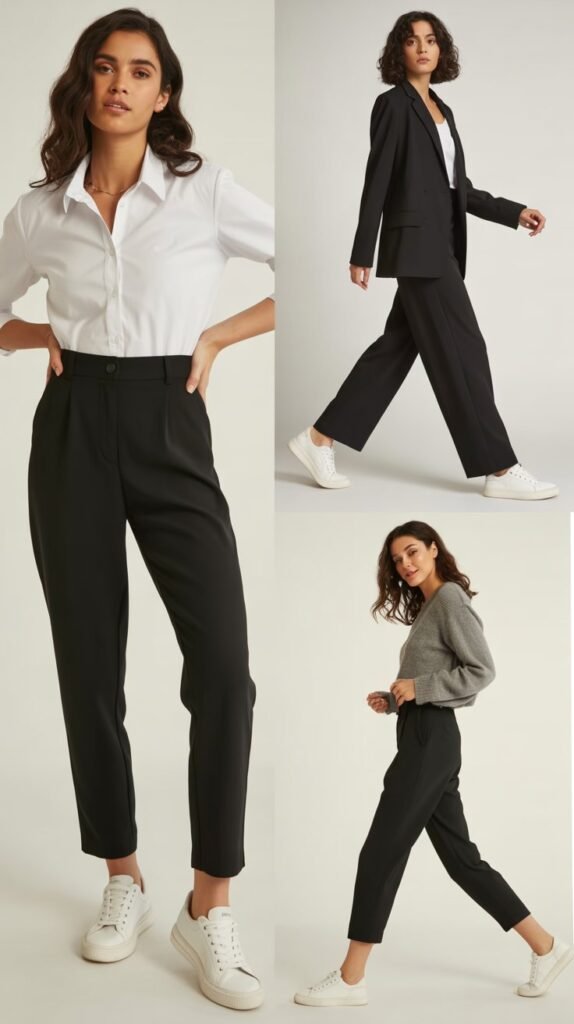  Classic White Sneakers with Tailored Black Trousers