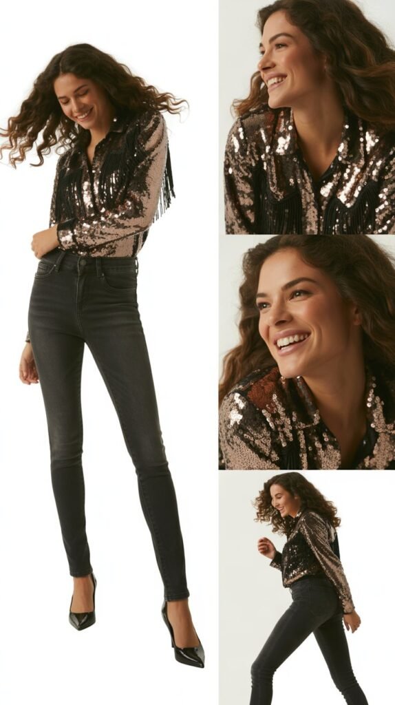 Dark Skinny Jeans With Sequined Western Top