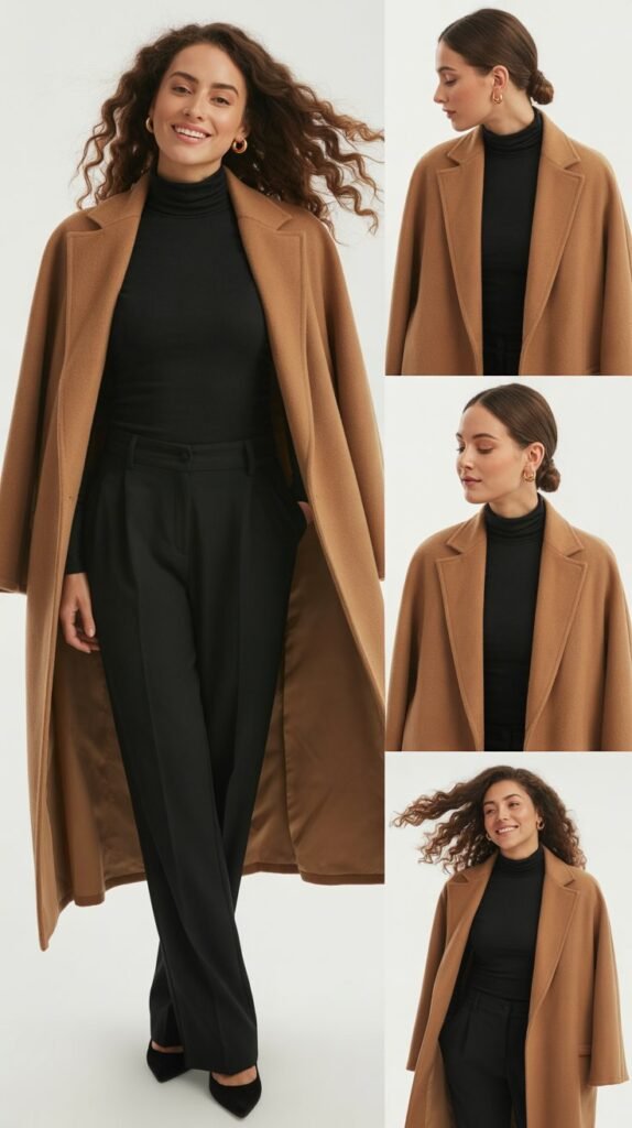  Camel Coat Over All-Black Ensemble