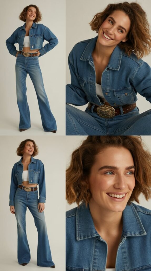 Flared Jeans With Denim Jacket And Western Belt
