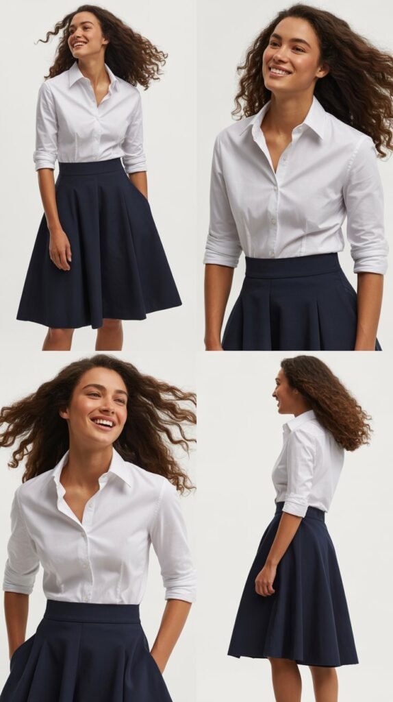  Structured A-Line Skirt with Button-Down Shirt