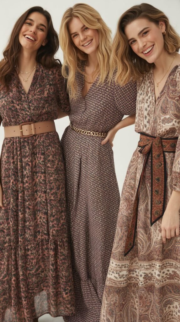 Patterned Maxi Dress with Belt