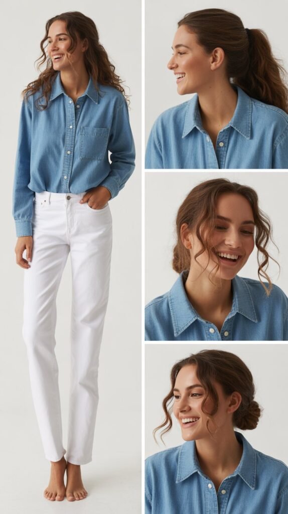  White Jeans with Chambray Shirt
