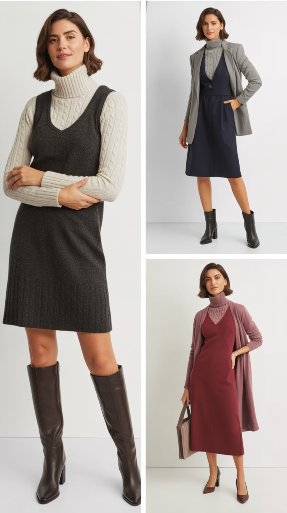 Layered Turtleneck Under Sleeveless Dress