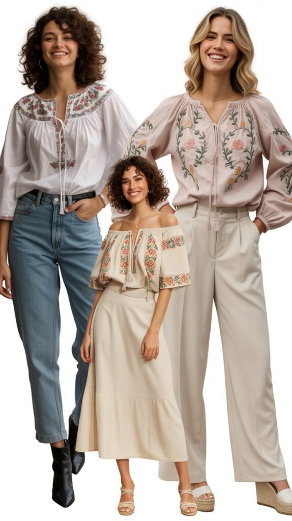 Embroidered Peasant Blouse Combination